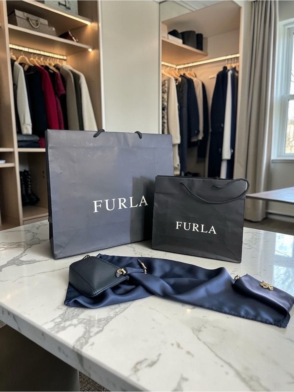 Furla Black and Dark Gray Paper Shopping Bags - Set of 2